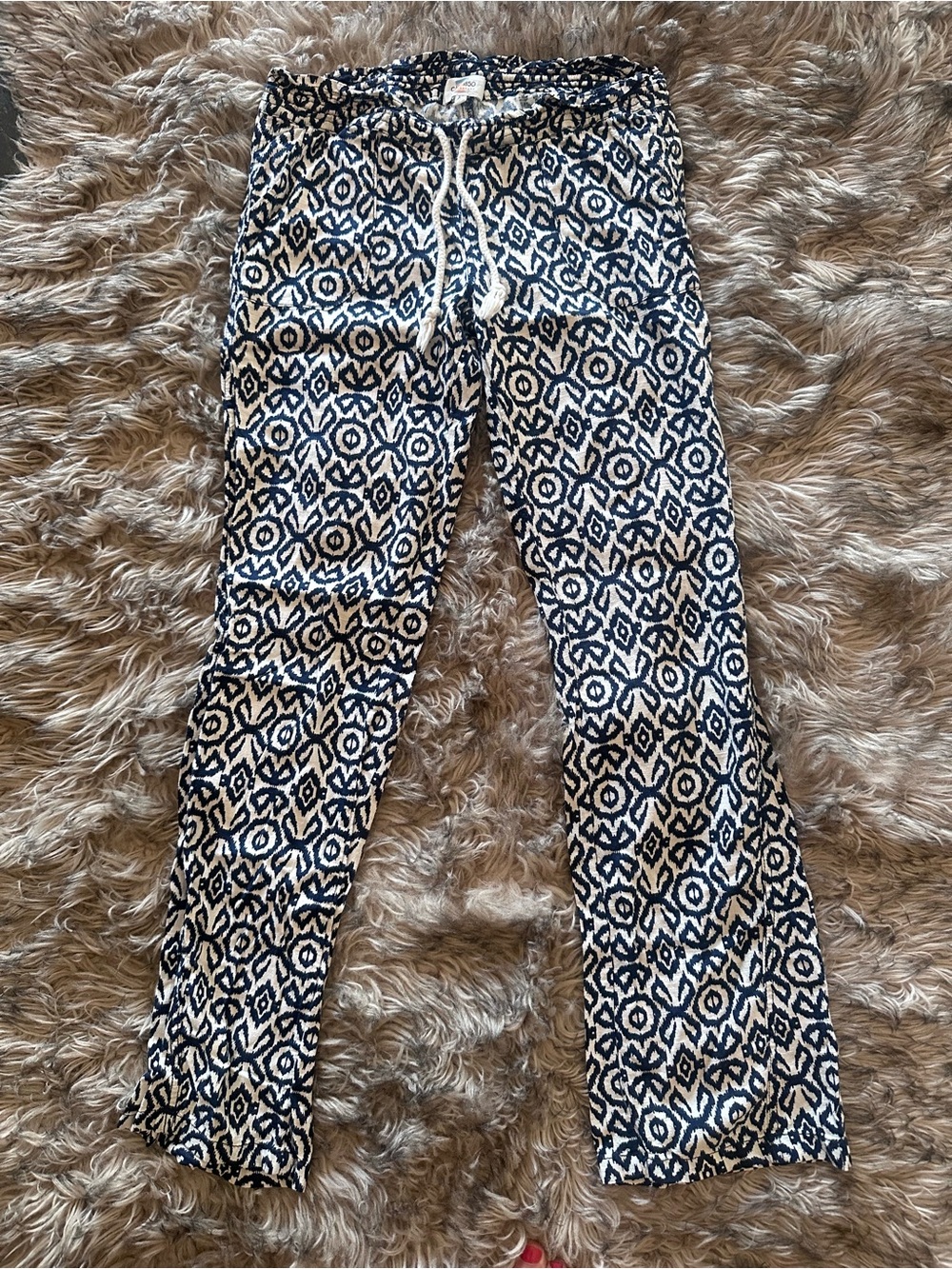 Women's Navy and White Wide Leg Printed Pants - Drawstring Waist